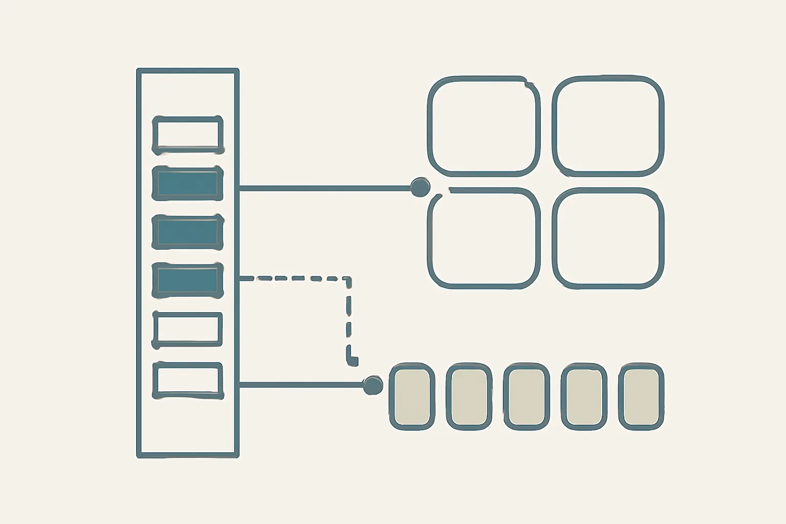 Flat schematic diagram showing a directory column on the left, with some entries filled and some hollow, connected by solid and dashed lines to two separate groups on the right representing workspace seats and application end users.